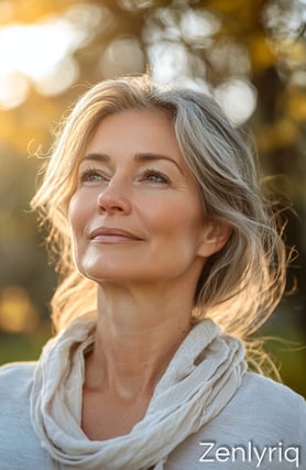 serene mature woman in sunlight, symbolizing gut health and balance