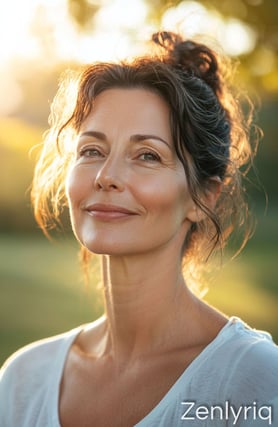 smiling woman in golden sunlight, representing mindful balance and gentle gut wellness
