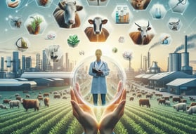 La imagen muestra a una científica en un entorno agrícola, rodeada de iconos que representan la bio