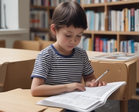 a young boy sitting at a desk with a pen and pencil
