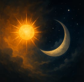 a sun and moon, with stars and clouds in the sky