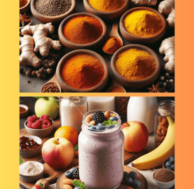 a variety of different foods and drinks in a collage of different colors