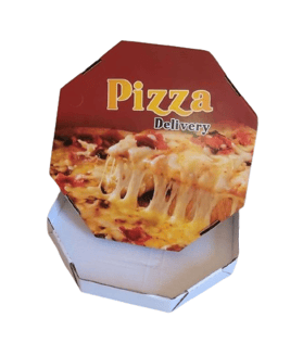 Uma caixa de pizza ilustrada com uma pizza.