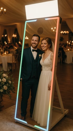 Eleganter Fotospiegel auf einer Hochzeit, umgeben von Brautpaar und Gästen in festlicher Kleidung
