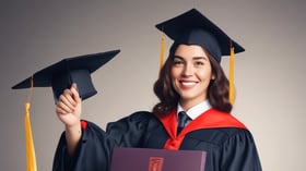 A person wearing a graduation cap and gown is standing confidently in front of a modern building with geometric patterns and a visible sign reading 'BAU'. The background also displays flags and mountains in the distance.