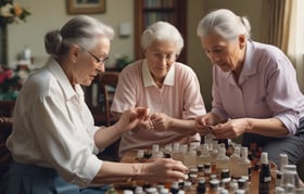 An elderly couple stands together, the woman seated in a wheelchair holding a blue folder with a gold logo. The man stands beside her, wearing a dark blue shirt with a patterned design. A decorative wall with a branching pattern and birds is in the background.