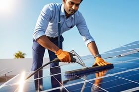 Indian professional cleaning the surface of solar panels