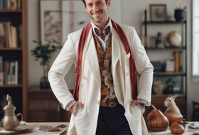 A partially renovated room with large windows overlooking a garden. The room is mostly empty, with some construction materials like boards and plastic wrapped furniture on the right side. There are cables hanging from the ceiling and a small workbench with tools near the window on the right.