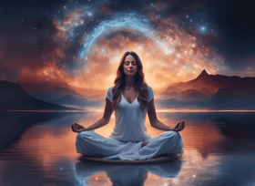 woman meditation fantasy landscape water reflexion energy spiral waves white meditations