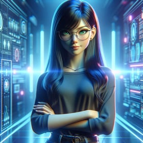 a woman in glasses and a black top