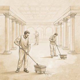 a man sweeping a floor with a mop