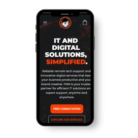 Smartphone showing tech support website with bold title, free consultation, and service buttons.