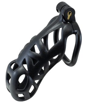 a picture of a black large Kink Chastity cage The picture has a transparant b