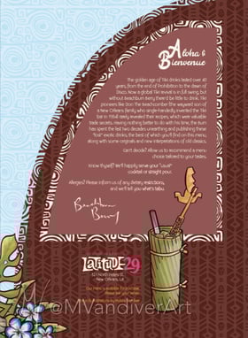 Illustrations from the menu for Beachbum Berry's Latitude 29 by New Orleans artist Melissa Vandiver.