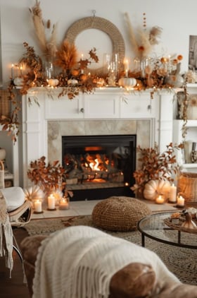 a living room with a fireplace decorated with fall elements