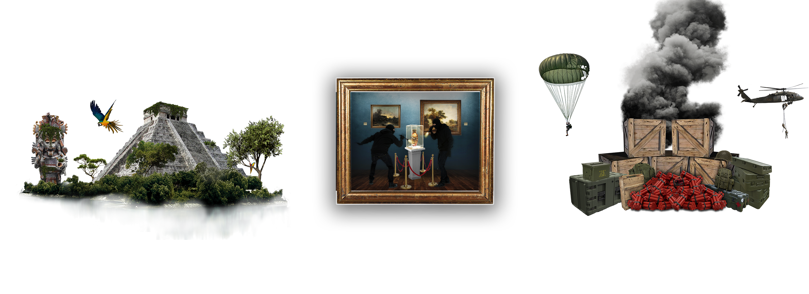 Illustration des 3 escape games : bunker, temple maya et musée 