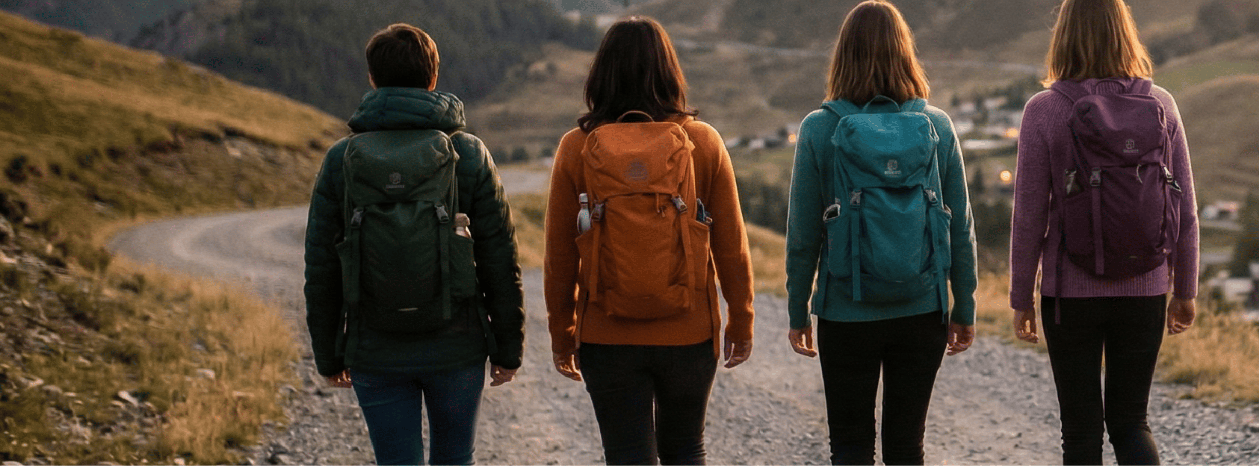 Four women with backpacks walk along a gravel road through rolling hills at dusk, seen from behind.