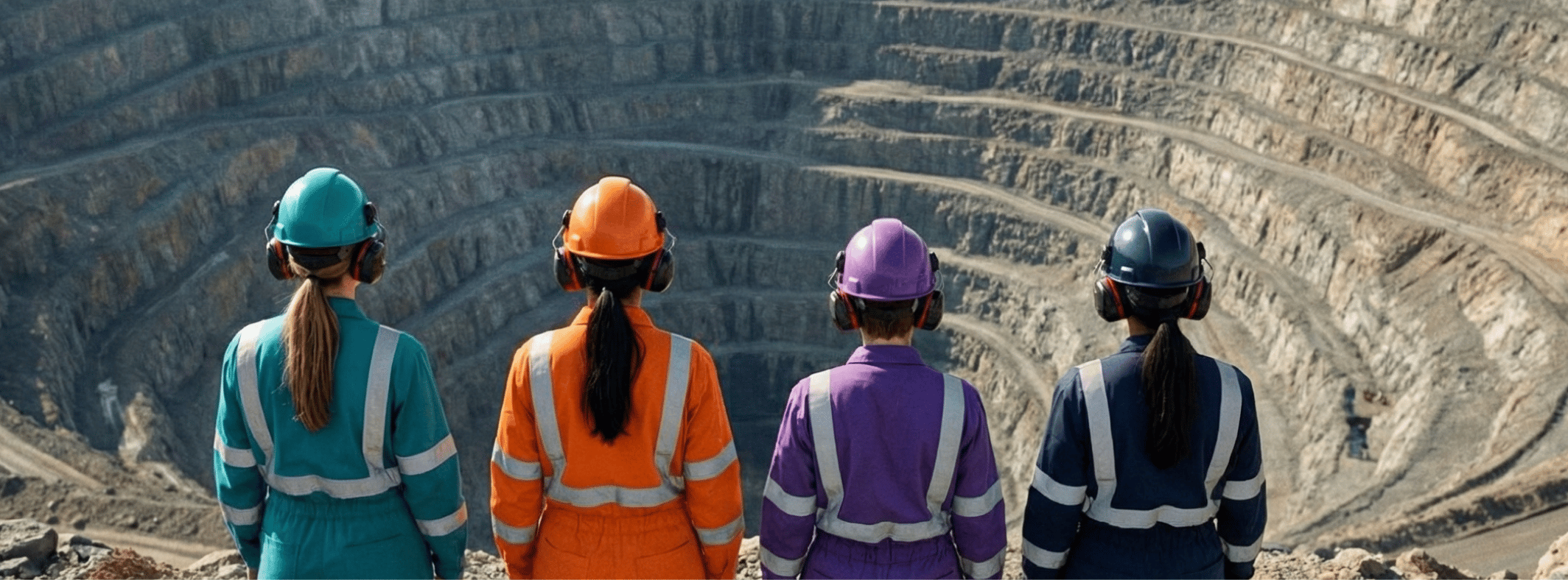 Four women in hard hats and high-visibility coveralls overlook a large open-pit mine, seen from behind.