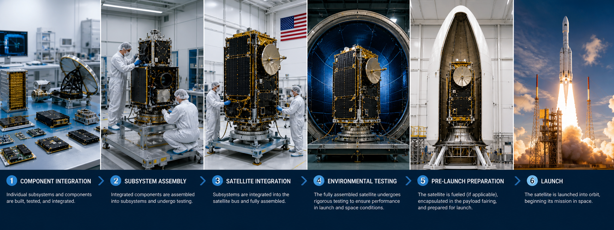 Satellite being manufactured in stages until launch.