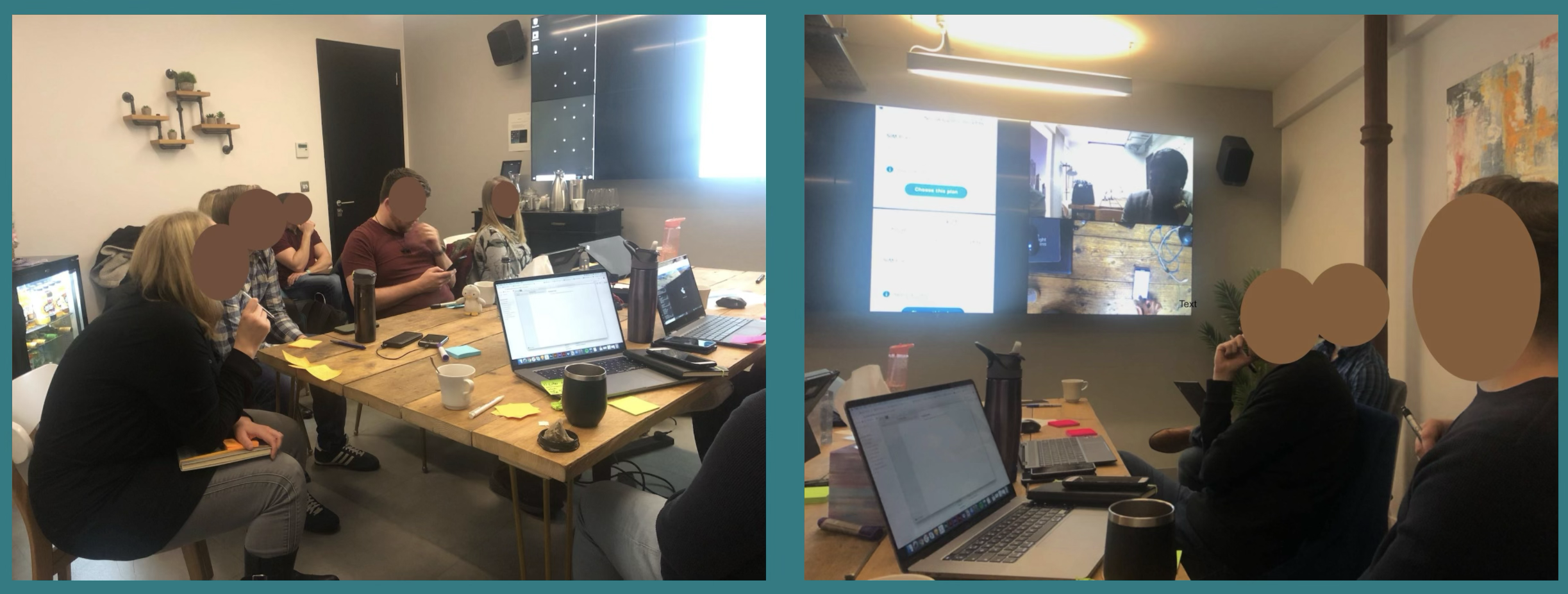 Members of the project team sat around a table observing usability testing. 