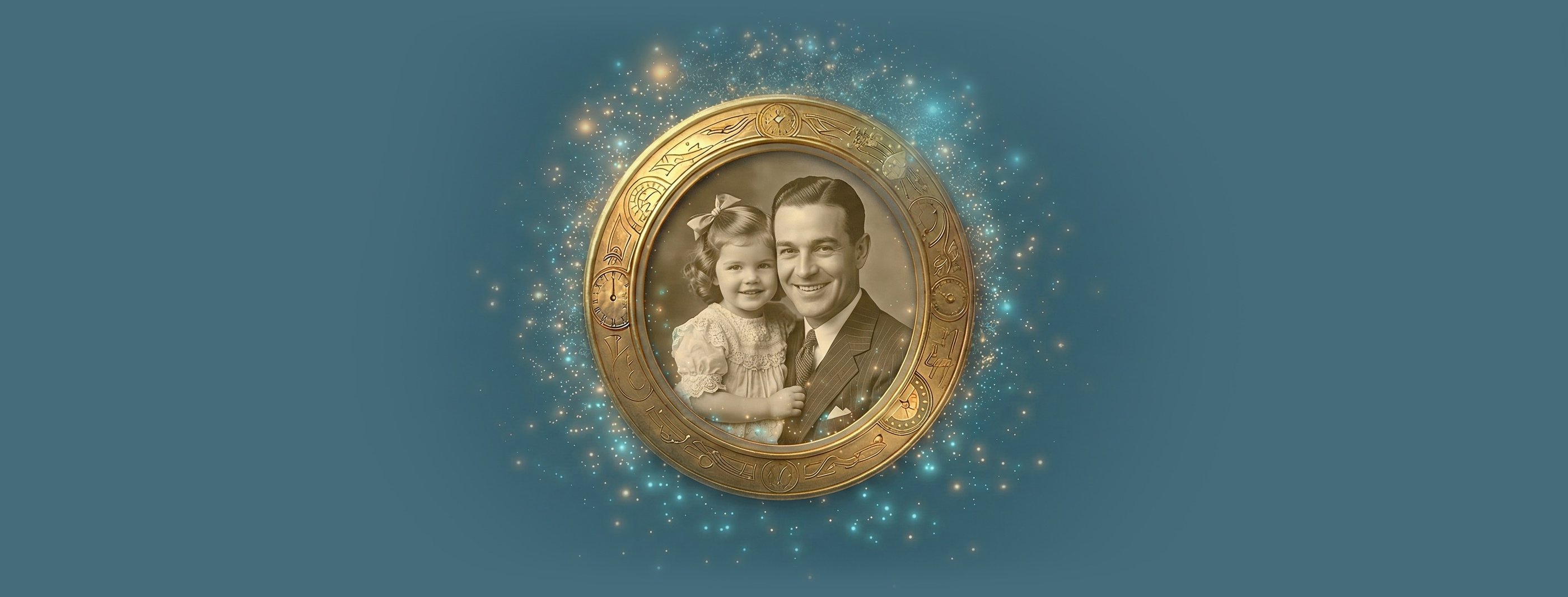 Prueba gratuita PhotoMotion AI: Restauración y animación de una fotografía antigua con marco dorado.