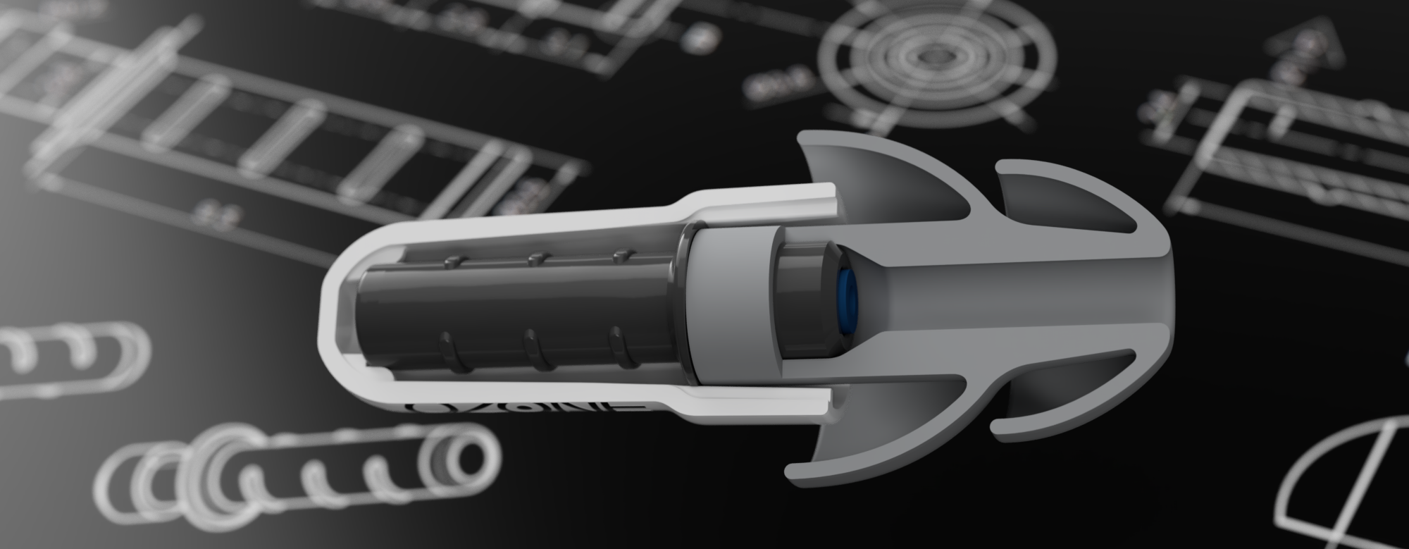 Technical image of cutaway earplug with blueprint in background