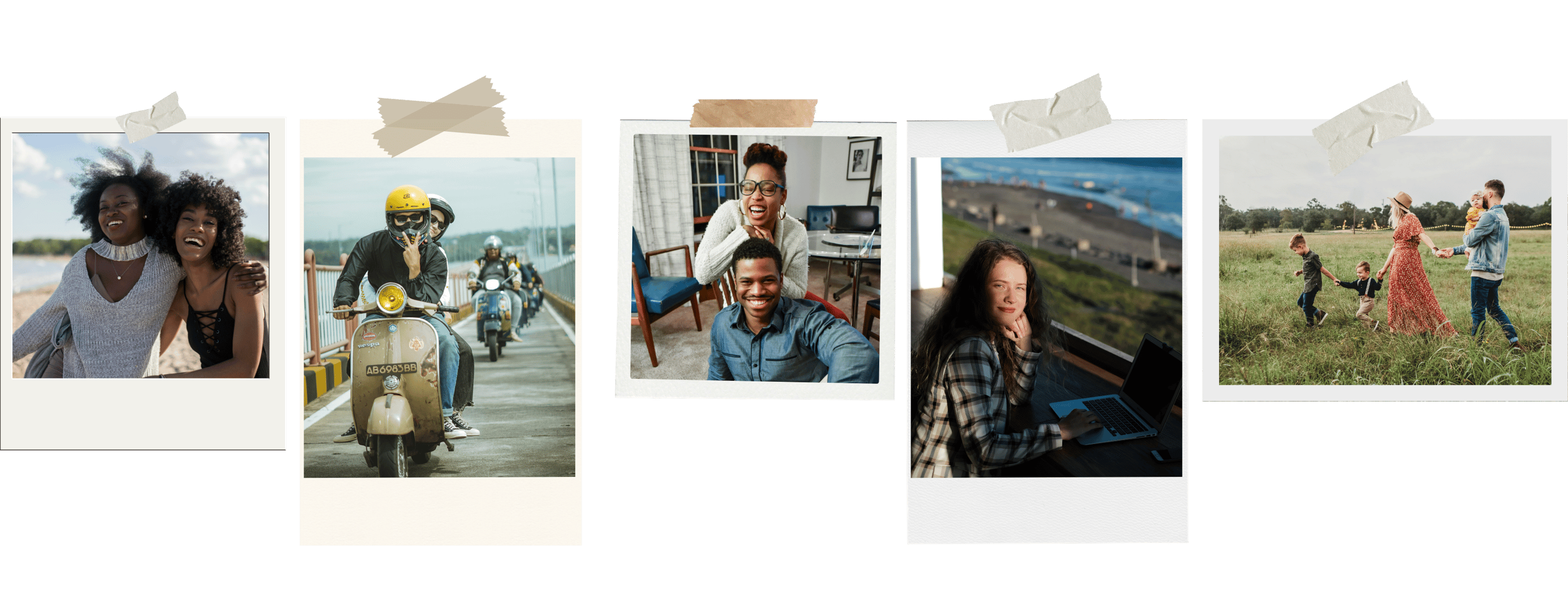 Photo collage of diverse people enjoying life, including friends, family, travel, and remote work.