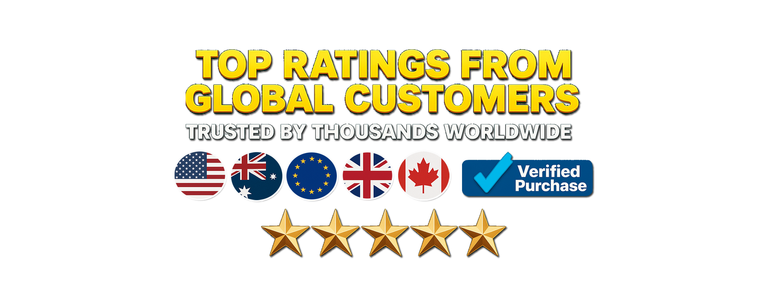 Top ratings from global customers badge featuring international flags and five gold stars.