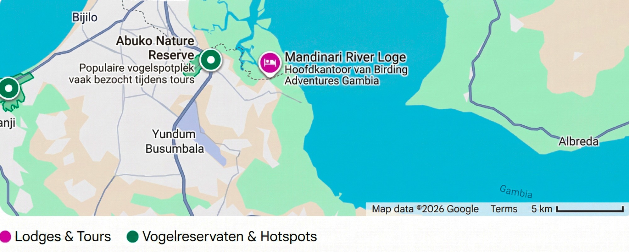 Kaartweergave van de Mandinari River Lodge, het hoofdkantoor van Birding Adventures Gambia