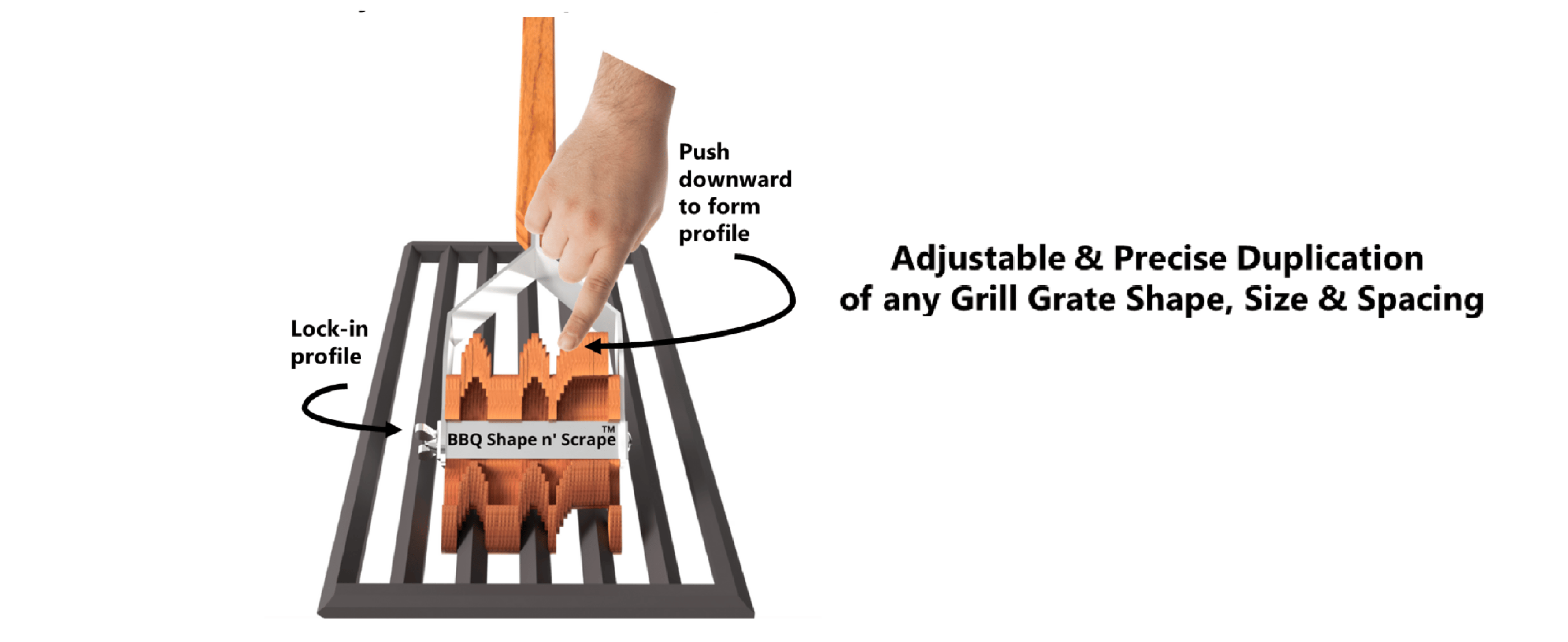 A Safe bristle free wood Adjustable BBQ Scraper that customizes to any BBQ grill grate.