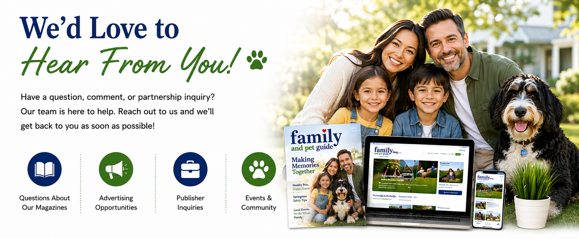 Happy family with their pet dog featured on a family and pet guide magazine and website.
