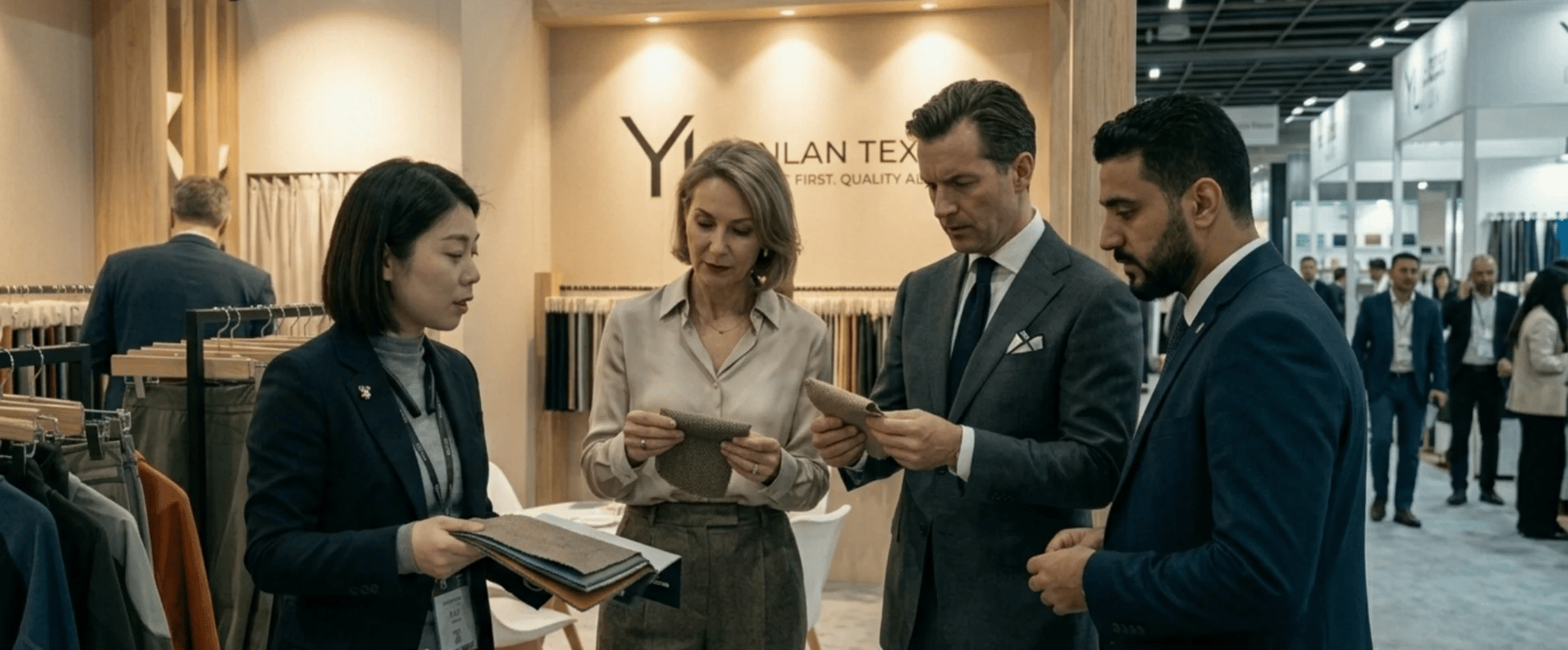 Busy networking scene at YL Textile booth during Paris Apparel Sourcing exhibition, highlighting B2B textile collaboration