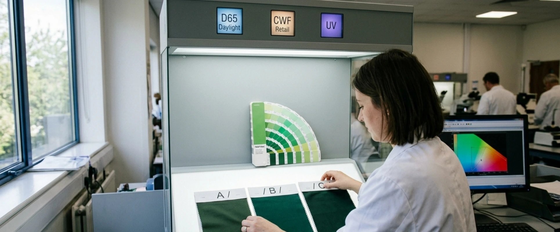 Lab tech assessing fabric swatches A, B, and C inside a professional color lightbox under D65/CWF light sources