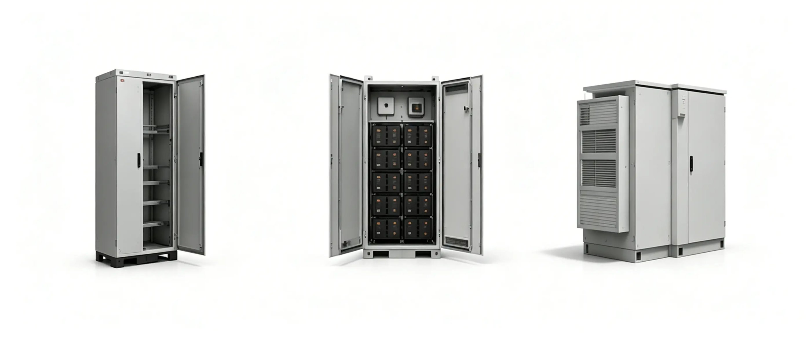 Industrial battery storage cabinets and electrical enclosures for renewable energy systems.