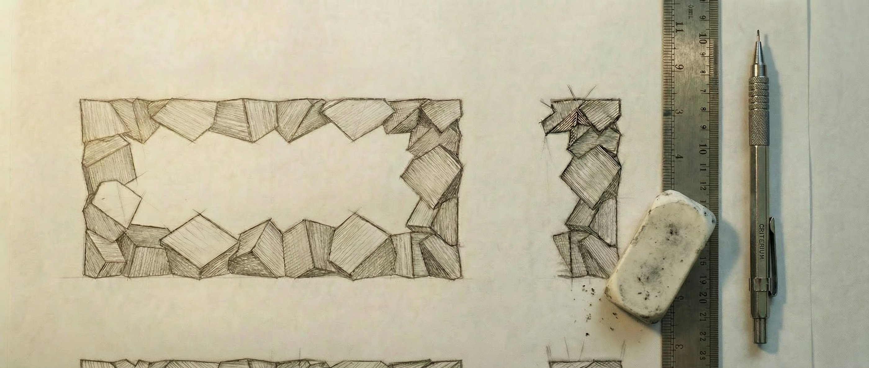 Pyrite Console sketch by Stanislas Garaud, eraser, ruler, mechanical pencil
