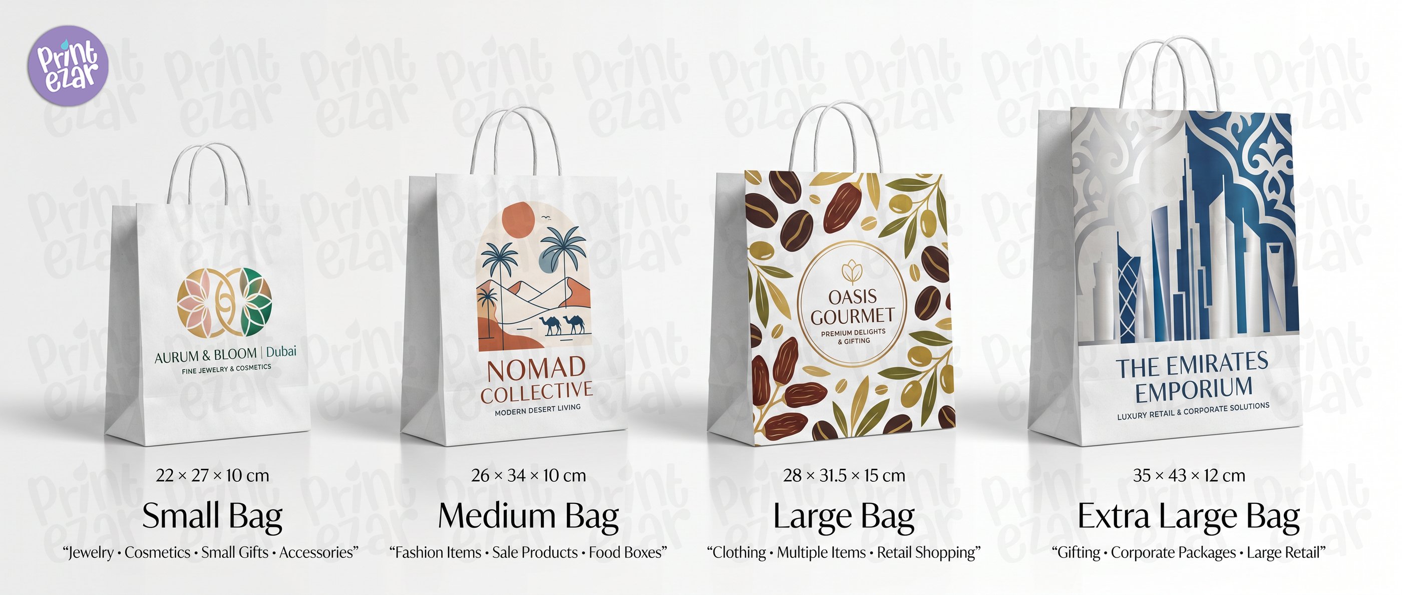 a visual image showing different sized bags: small, medium, large and extra large.