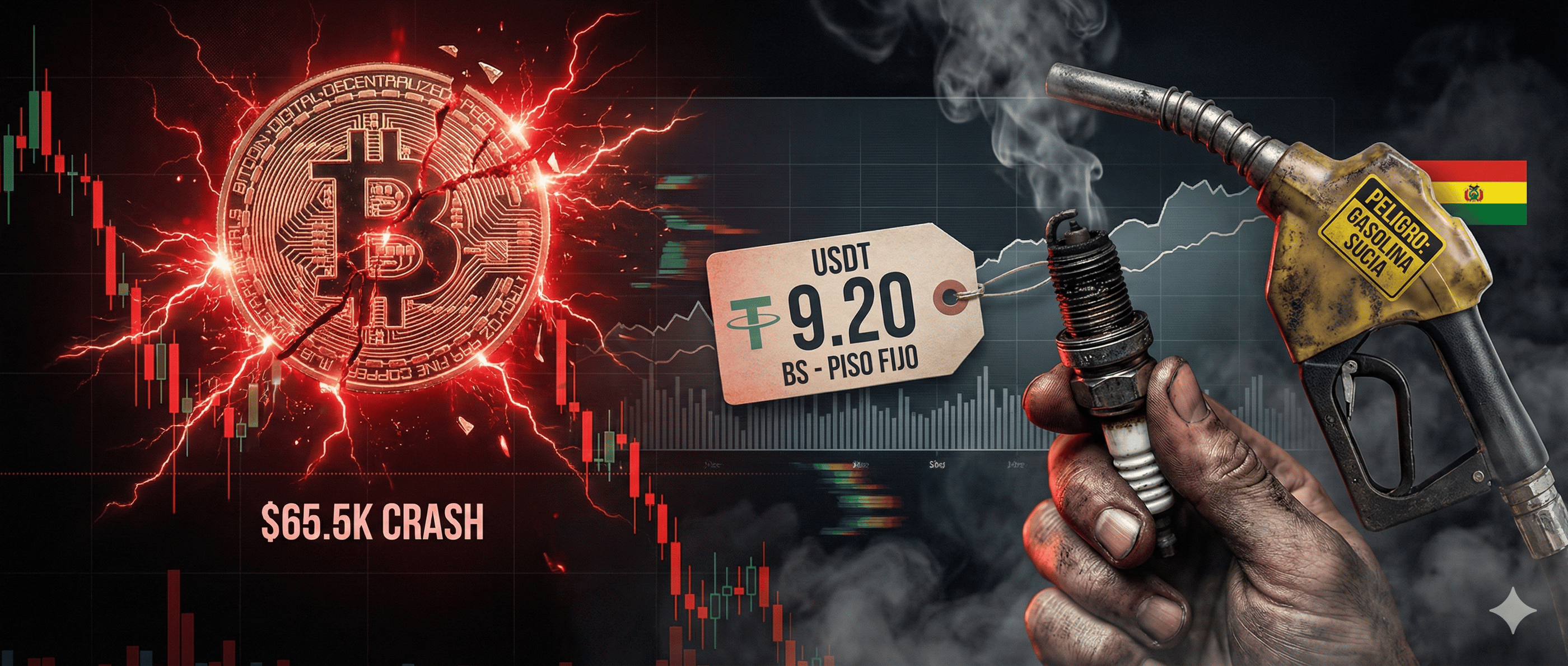 A Bitcoin crash chart with red lightning next to a hand holding a spark plug and fuel nozzle.