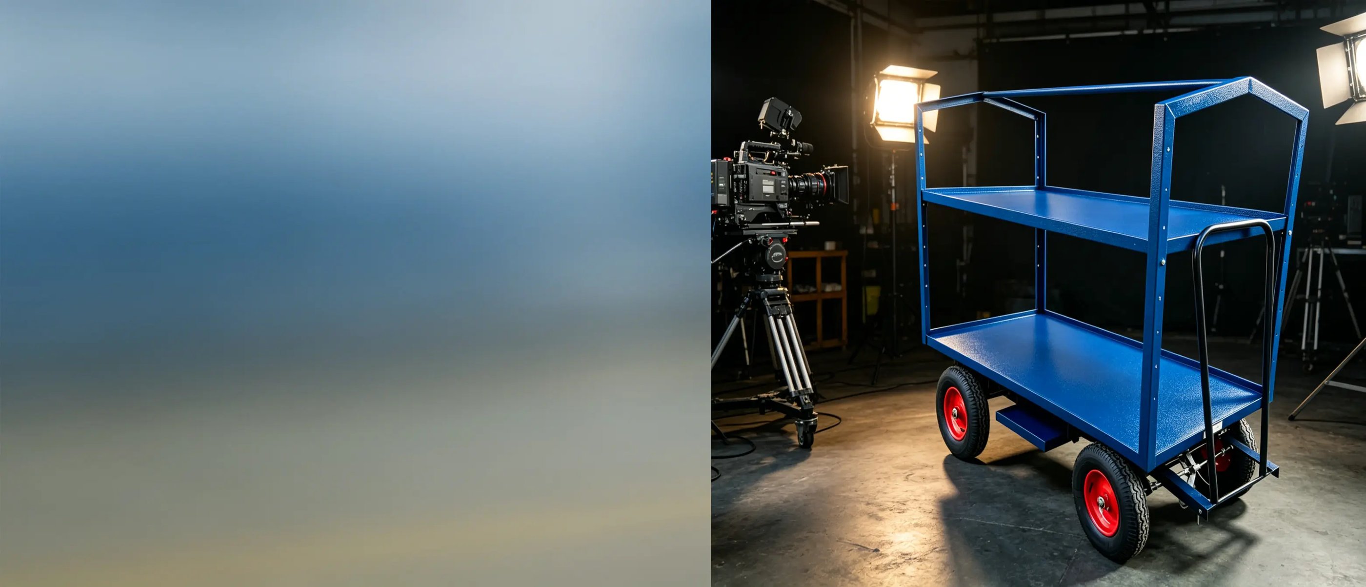 Blue heavy-duty utility equipment cart on a film set with professional cameras and studio lighting.