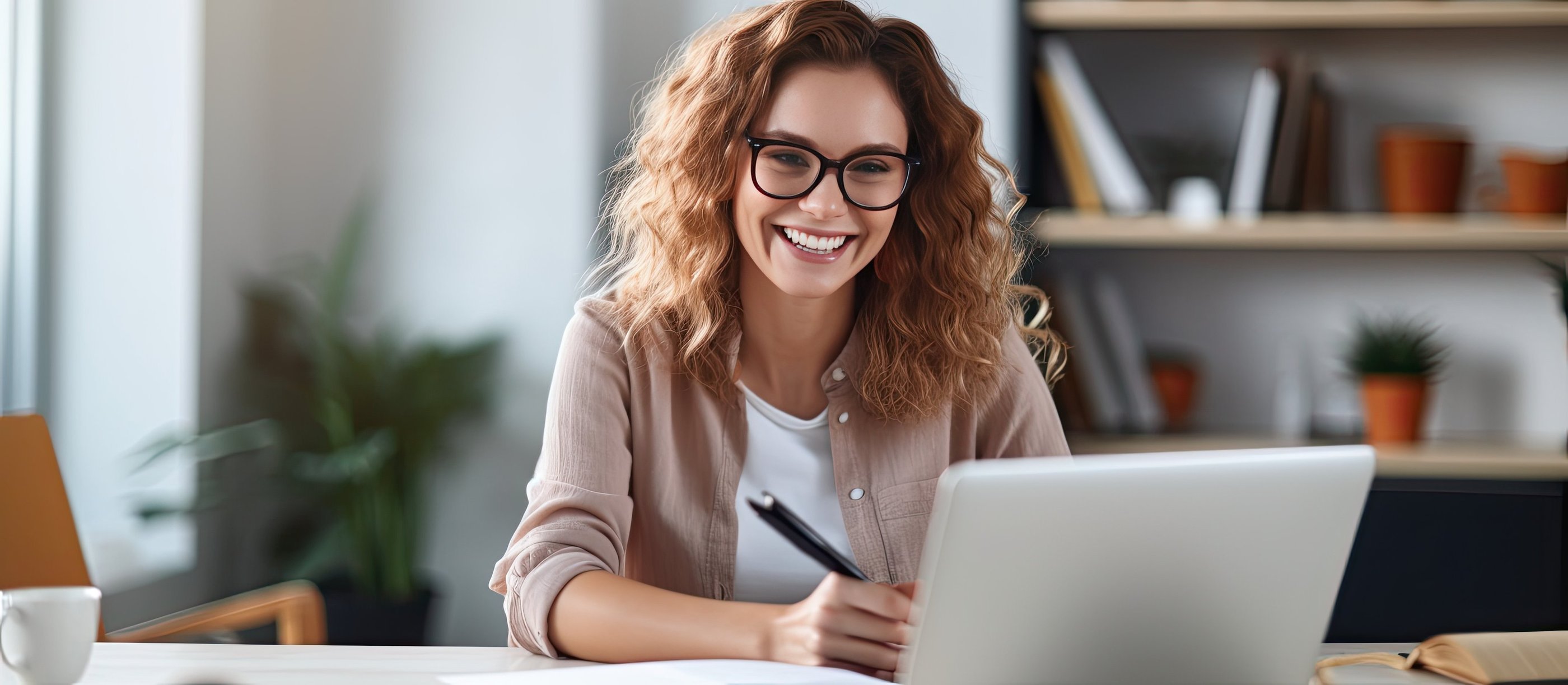 Happy lady wearing glasses at a computer pen in hand