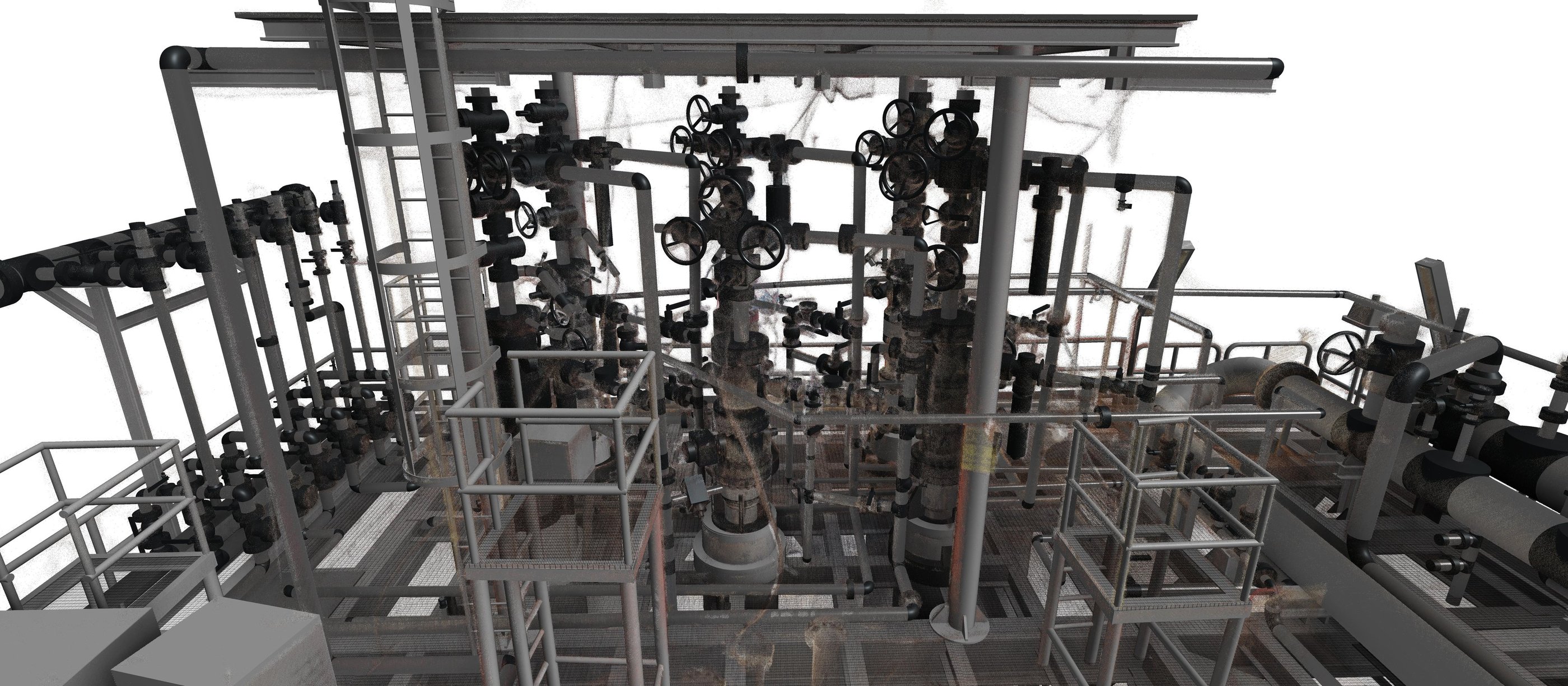 Detailed 3D laser scan point cloud of an industrial oil and gas refinery piping system.
