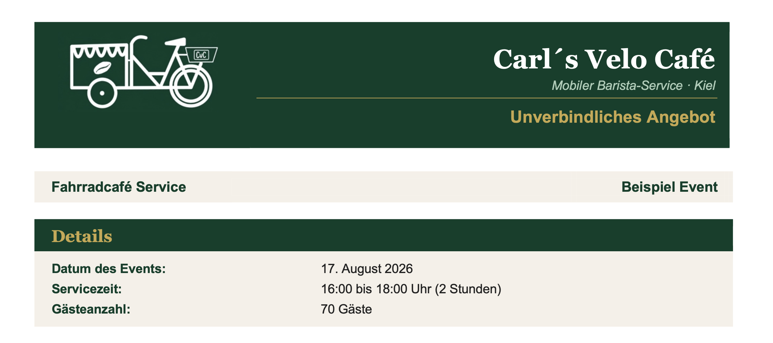 Kopfzeile eines unverbindlichen Angebots von Carl’s Velo Café für ein Beispiel-Event am 17. August 2
