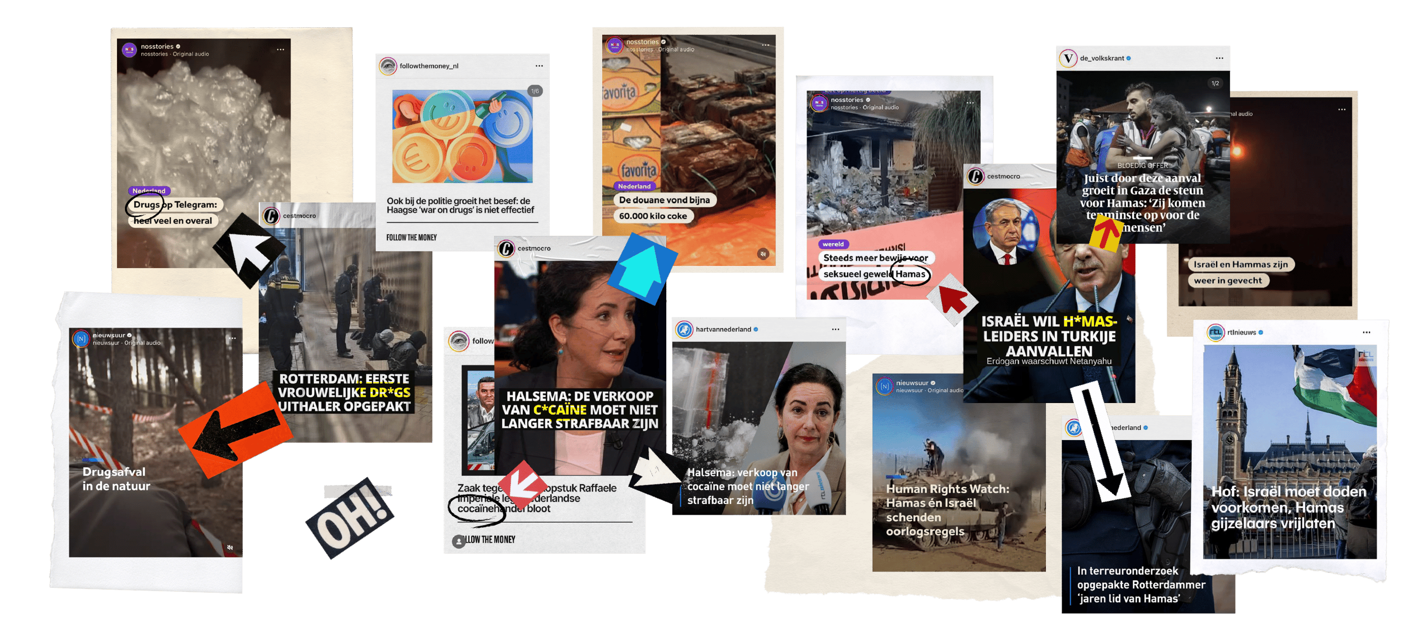 Collage van nieuwsberichten op sociale media van verschillende kanalen