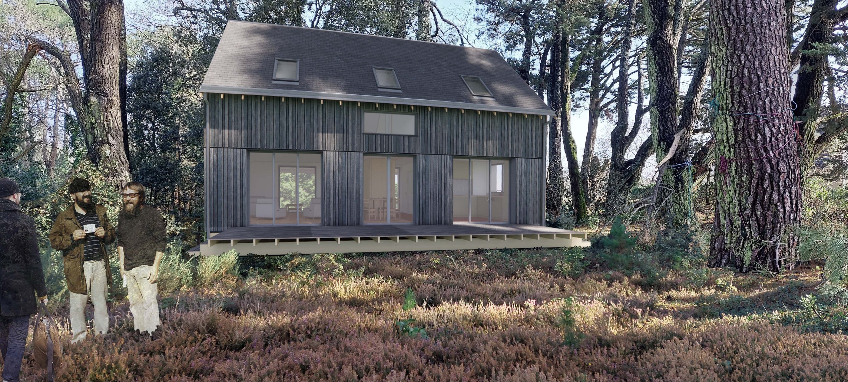 Maison ossature et bardage bois dans les arbres. Architecte Vannes