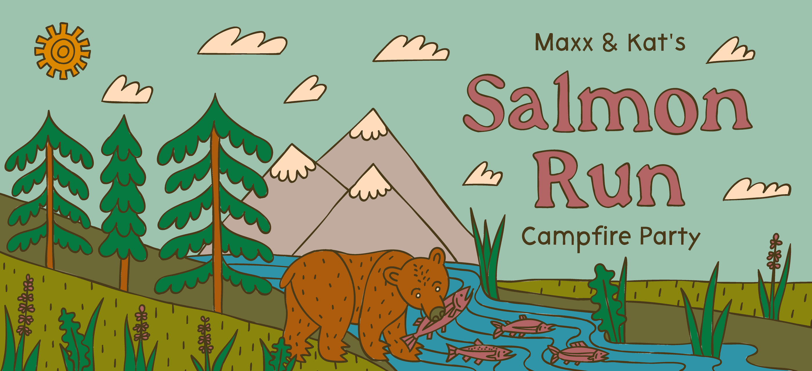 Maxx and Kat's Salmon Run Campfire Party Custom Illustration