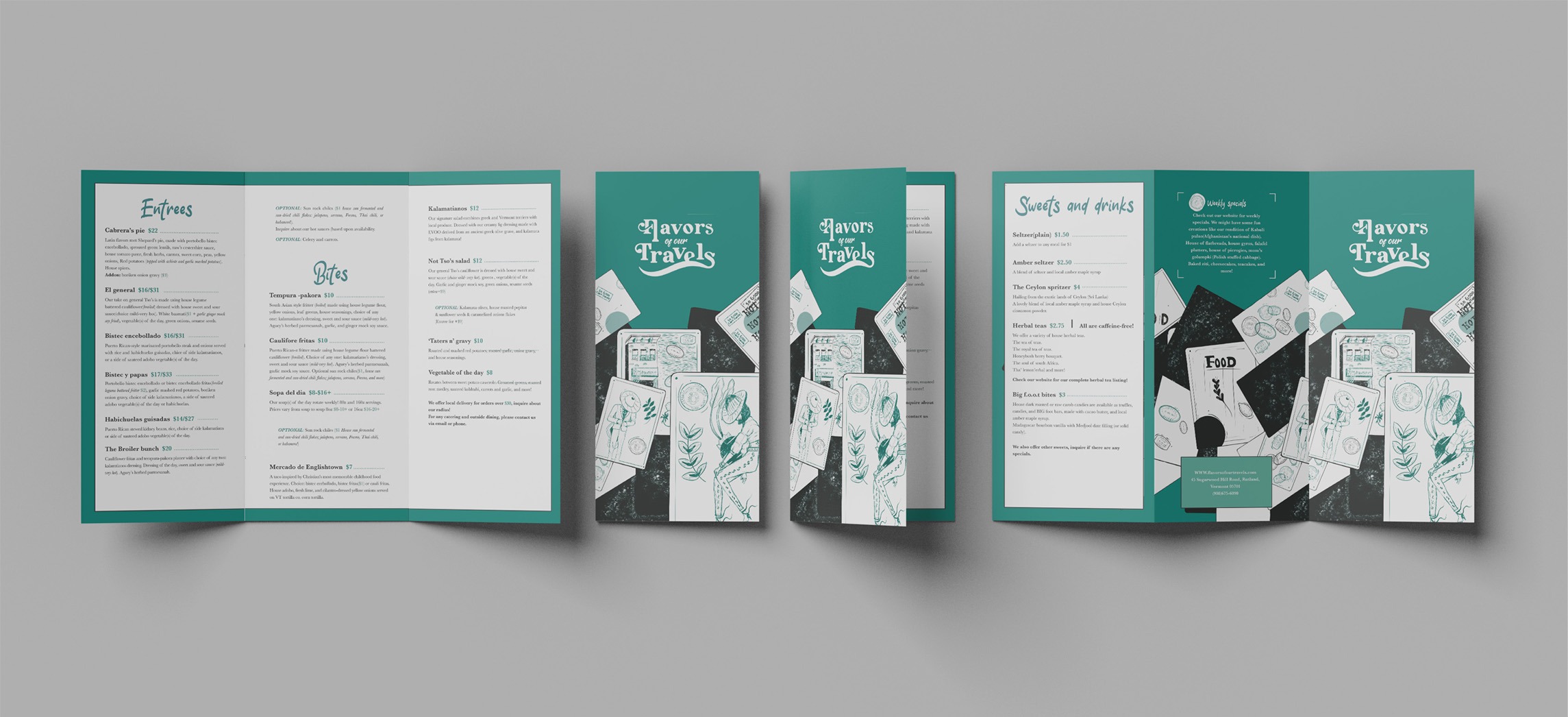 A professionally designed trifold restaurant menu layout titled Flavors of our Travels with teal accents and food