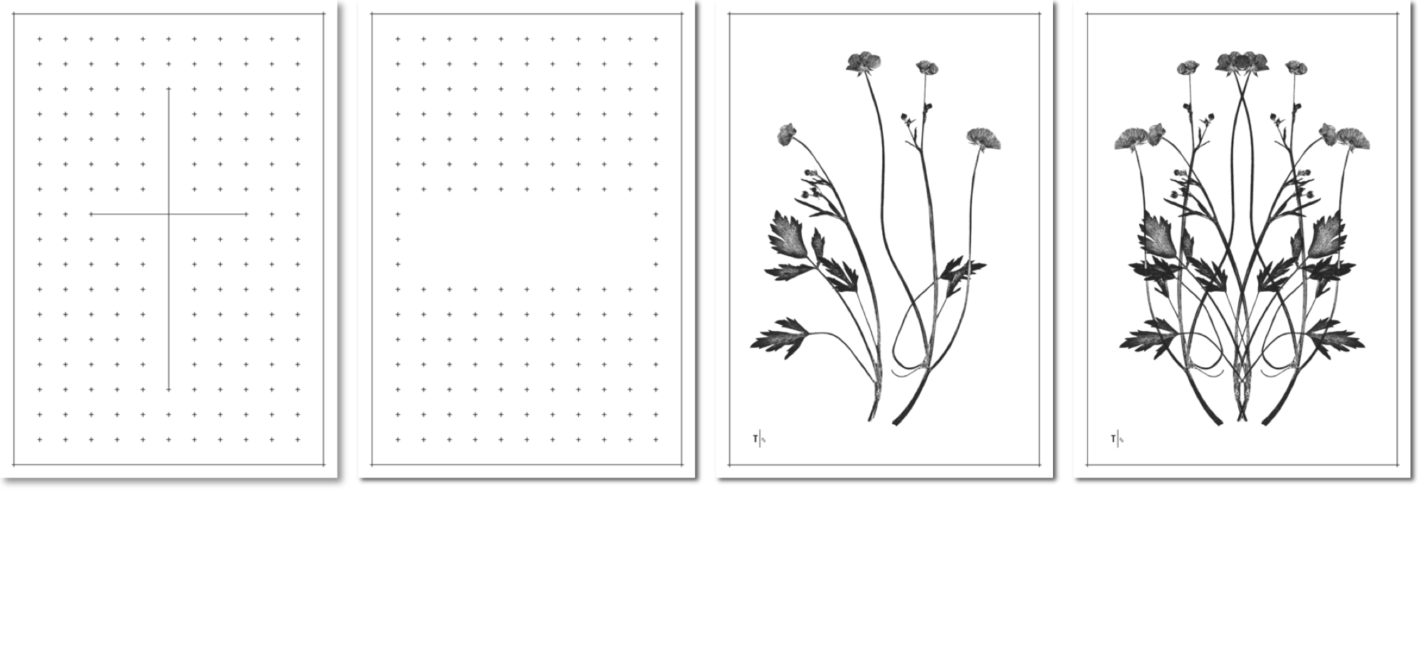 Trauerkarten-Serie mit kleinen, geordneten Kreuzen und Wiesenblumen