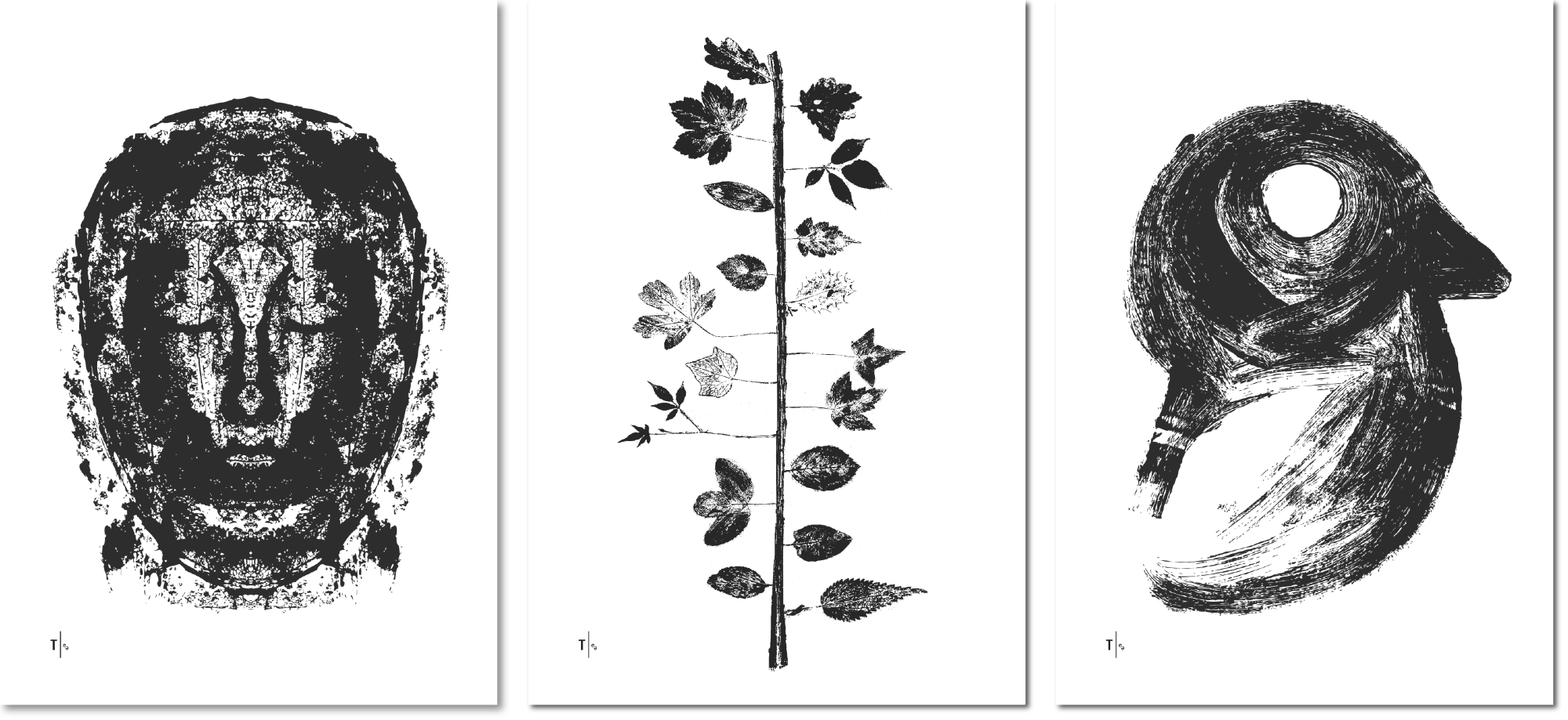 Trauerkarten mit Totenmaseke, künstlerischem Baum aus Blattabdrücken und grob gemaltem Vogel