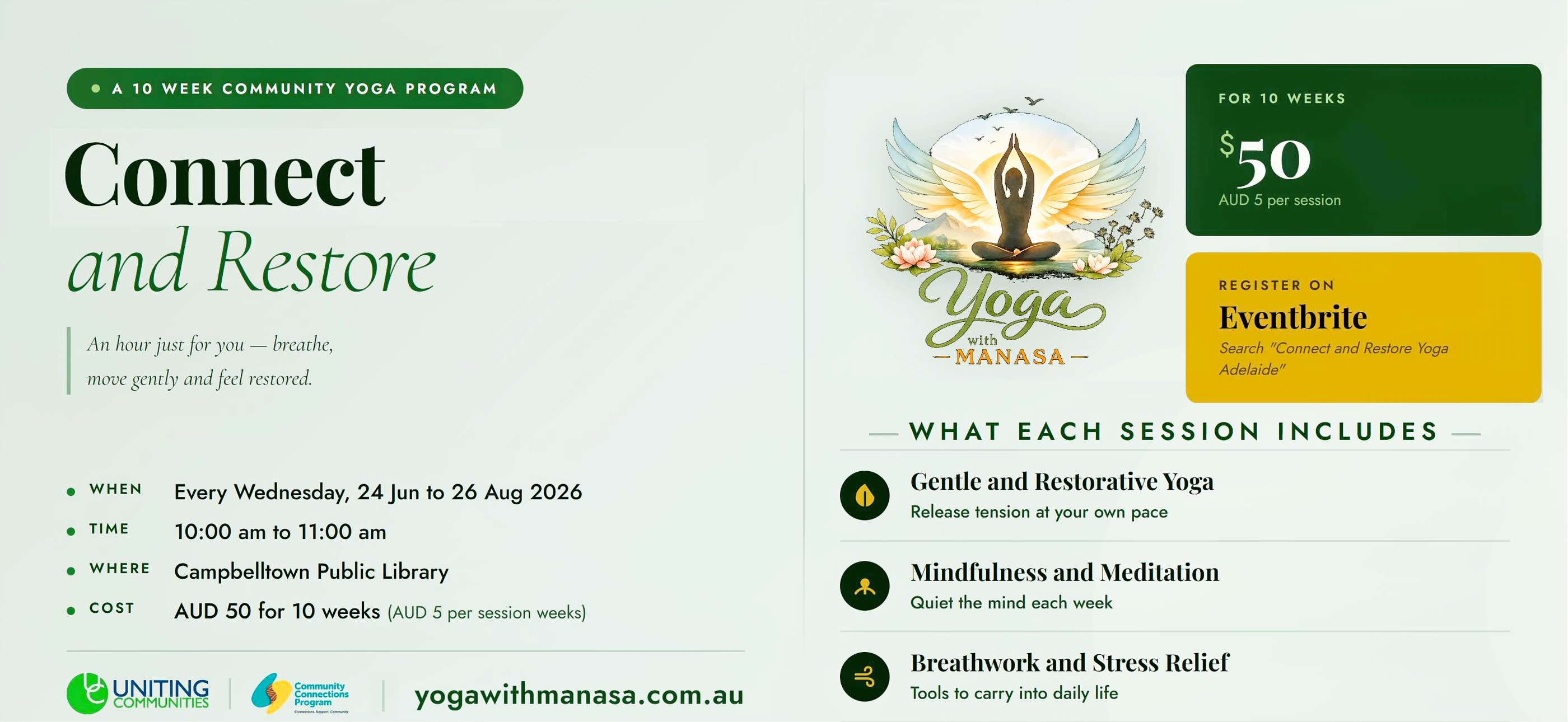 Promotional flyer for Connect and Restore community yoga program at Campbelltown Public Library in Adelaide.