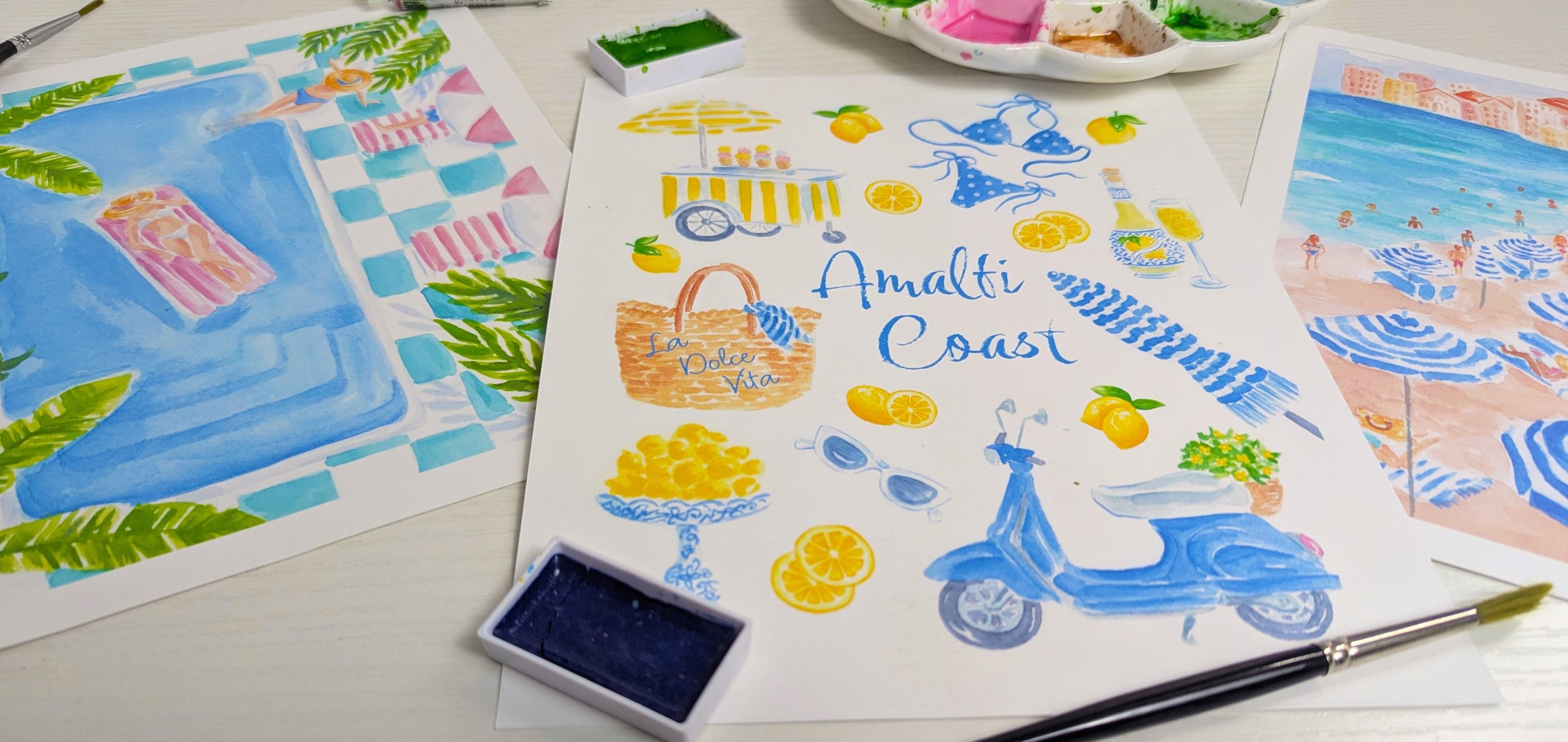 Watercolor art with girl in pool, Amalfi Coast blue and yellow icons and a beach scene with blue stripe umbrellas. 