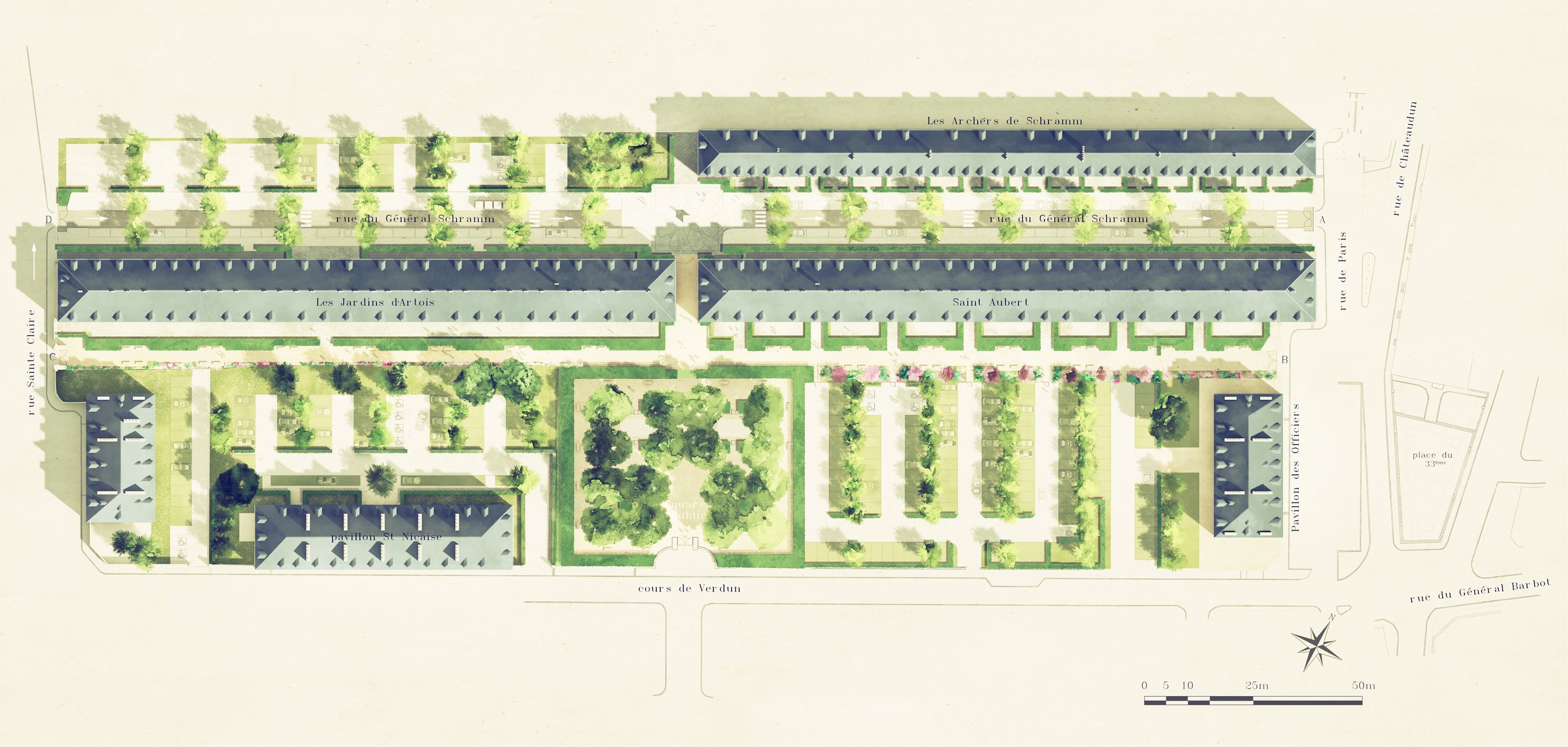 Plan masse 3D aquarelle – Arras – citadelle -Cadence architecte du patrimoine - Histoire & Patrimoine